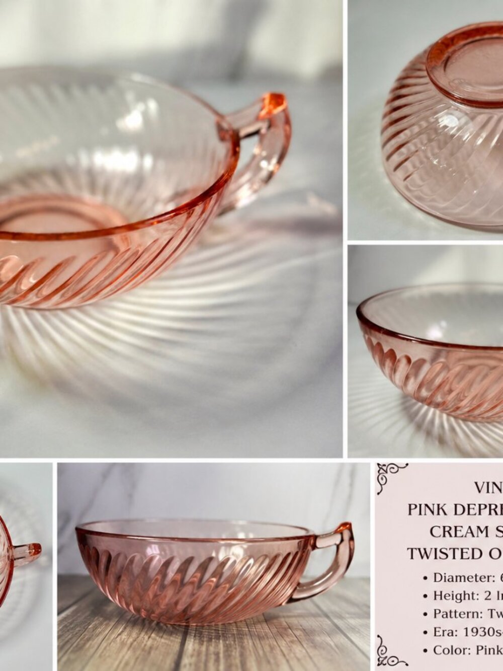 SB-56--Vintage Pink Depression Glass Cream Soup Bowl Twisted Optic